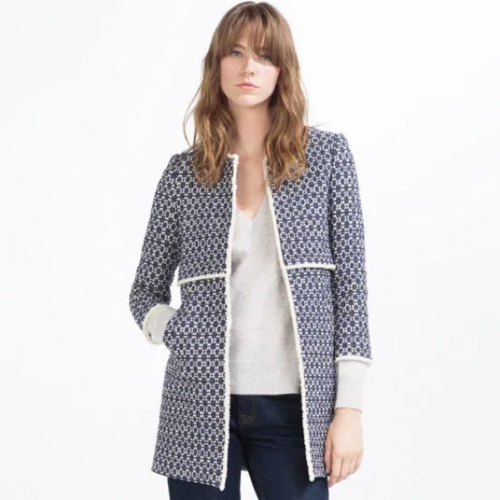 Zara That Viral Coat Blue White Tweed Frayed